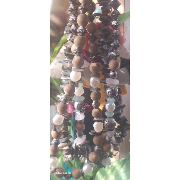 18" 3 strand vintage pearl and abalone with wood and silvertone bead necklace - Picture 12 of 12